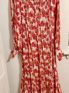 H&M Red and Orange Floral Pleated Maxi Dress